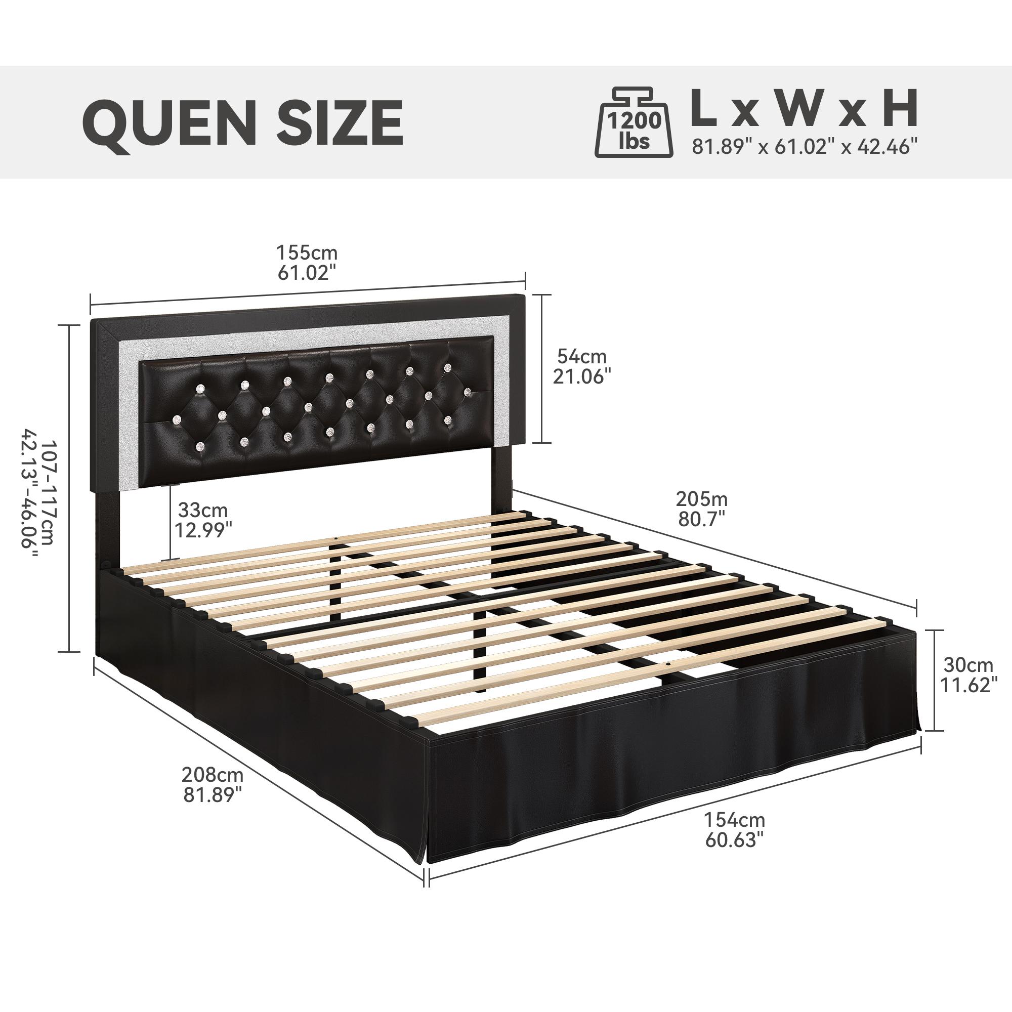 [Summervibes] Queen Bed Frame with LED Lights & Adjustable Headboard - Diamond Tufted Upholstered Frame with Wooden Slats - Full bed frame with mattress - Black/White/Grey summergarden