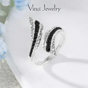 925 Exquisite Synthetic Obsidian Open Ring with Cubic Zircon Design, Elegant and Unique Hypoallergenic Sterling Silver Adjustable Ring Jewelry for Women, Luxurious and Romantic Ring Gifting Girls, Perfect for Daily Wear and Party