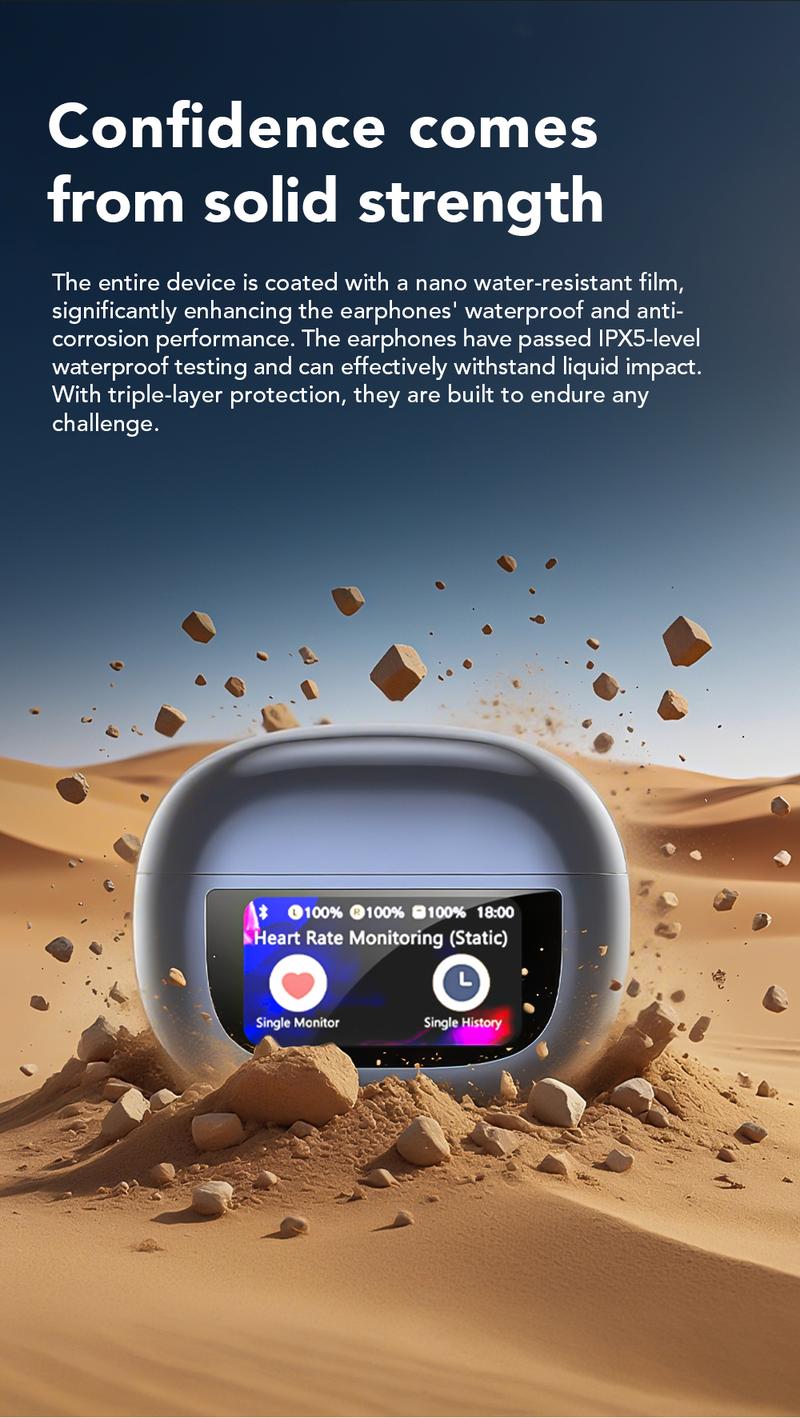 MINISO MS212 Clip-On Ear Headphones with Heart Rate Monitoring Wireless Audio Headphones for Music & Phone Calls, IPX5 Sport Waterproof & Sweatproof, with LCD Full Color Touch Screen, Bluetooth 6.0 Headsets, Heart Rate Health Management