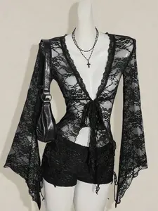 Women's Stylish Black V Neck Lace Blouse With Flowy Flare Sleeves,Sexy Top
