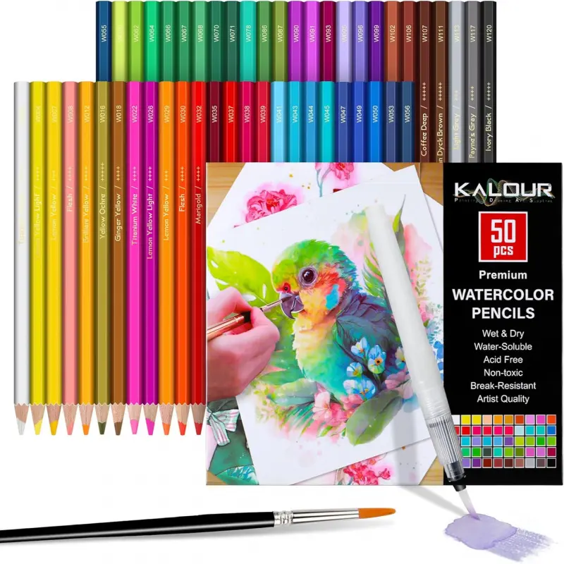 50-Color Professional Watercolor Pencils Set with Brush and Water Brush Pen, Hexagonal Shape, Blendable Wet or Dry, Water-Soluble Colored Pencils for Artists and Beginners, Art Supplies, Artistic Colored Pencils
