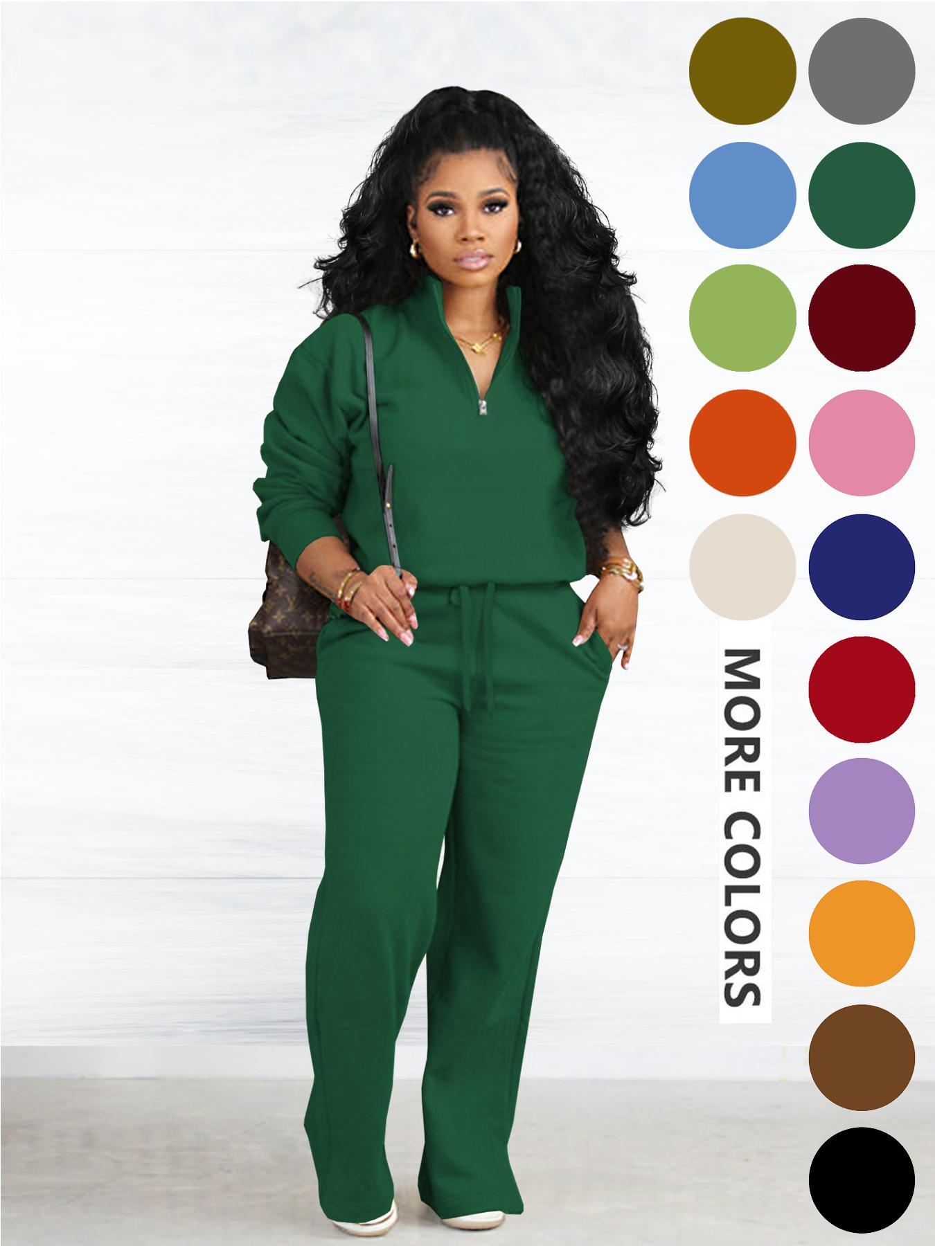 Women's Two-piece Set Solid Zip Up Funnel Neck Sweatshirt & Drawstring Waist Pants Casual Fall Winter Workout Sets Cozy Drop Shoulder Long Sleeve Top Pocket Trousers for Daily Outdoor Wear