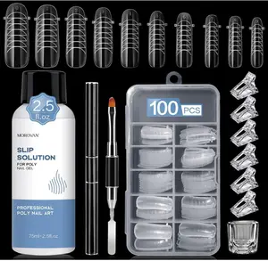 Nail Slip Solution Kit: 2.5 OZ Anti‑Stick Gel Liquid for PolyGel Nails with Dual‑Ended Brush & Nail Forms Ideal Easy Spread for Beginners