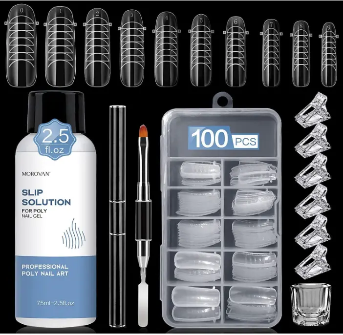 Nail Slip Solution Kit: 2.5 OZ Anti‑Stick Gel Liquid for PolyGel Nails with Dual‑Ended Brush & Nail Forms Ideal Easy Spread for Beginners