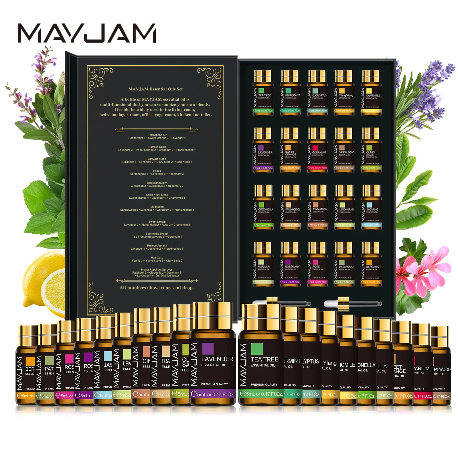 MAYJAM 20pcs Alcohol-Free Aromatherapy Scented Oil Set - Aroma Diffuser Refills with Woody Floral, Earthy, Minty Fresh, Vanilla, Lavender Oil, Clary Sage, Jasmine Aromatic Scents for Home Fragrance, DIY Projects, Valentine's Day Gifts
