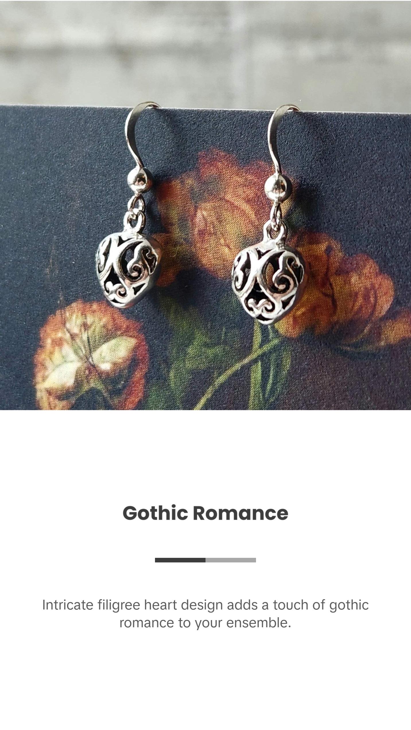 Whimsy Gothic Sterling Silver Filigree Heart Earrings | Cottagecore Jewelry Victorian Dangles