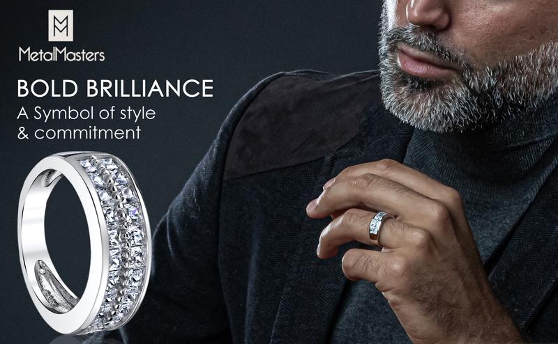 Double Row Princess Cut Men's Sterling Silver Wedding Band Engagement Ring with Cubic Zirconia 7.5mm Sizes 7 to 13