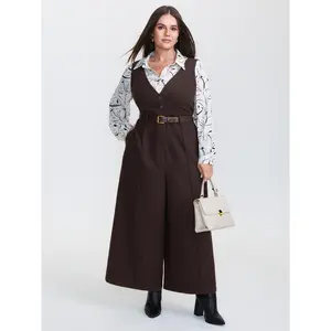 BLOOMCHIC Plus Size Half Wool Blend Belted Overall Jumpsuit [M-6X]2026 Summer Vibes