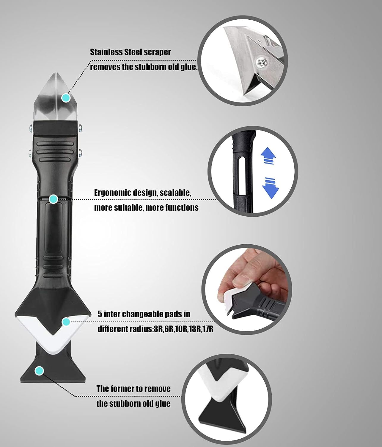 Caulking Tool 5 in 1 Caulk Remover and Multi-Function Silicone Sealant Finishing Kit with Grout Scraper and 6 Silicone Pads Ideal for Kitchen Bathroom and Window Sealing