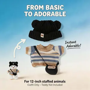 TEDDY HUGGY Clothes Only - For 12-Inch Plush Bears |12-inch Yellow, White, and Blue Sweater Three-piece Set (Black Hat + Sweater + Black Crossbody Bag)