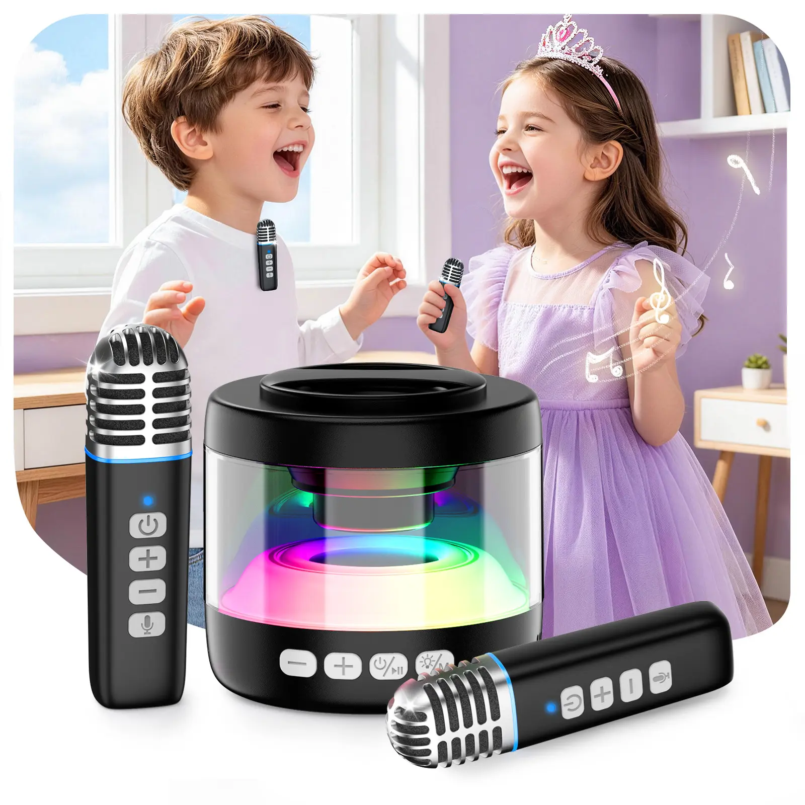heetipuk K22 【2026 Newest】 Mini Karaoke Machine with Magnetic Phone Stand, Portable Bluetooth Karaoke Speaker with 2 Wireless Lapel Microphones, Lyrics Display, Karaoke System for Kids Adults,Party