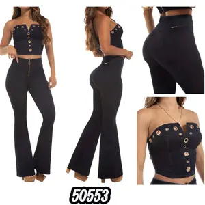 Dark Blue Jeans set with a denim-colored with Top with four push-button buttons bellboots  Elastic