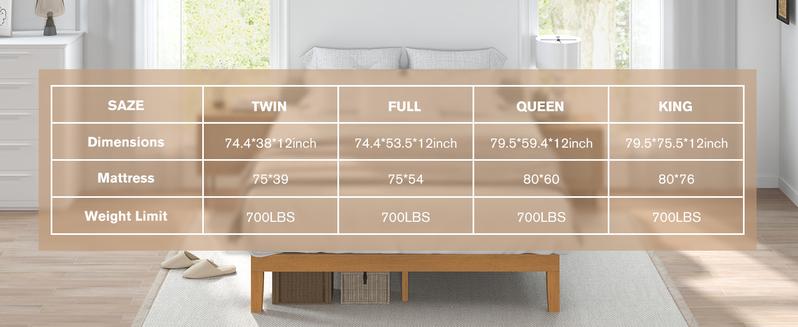 Solid Wood Bed Frame, Bed Base with Wood Slat Support, Sturdy & Stylish Design, No Box Spring Needed, Easy Assembly, 12 in Natural Pine