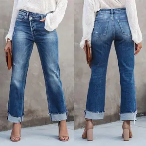 Women'sHighWaistedStraightLegJeansCrossoverStretchCasualCuffedDenimPantsGift
