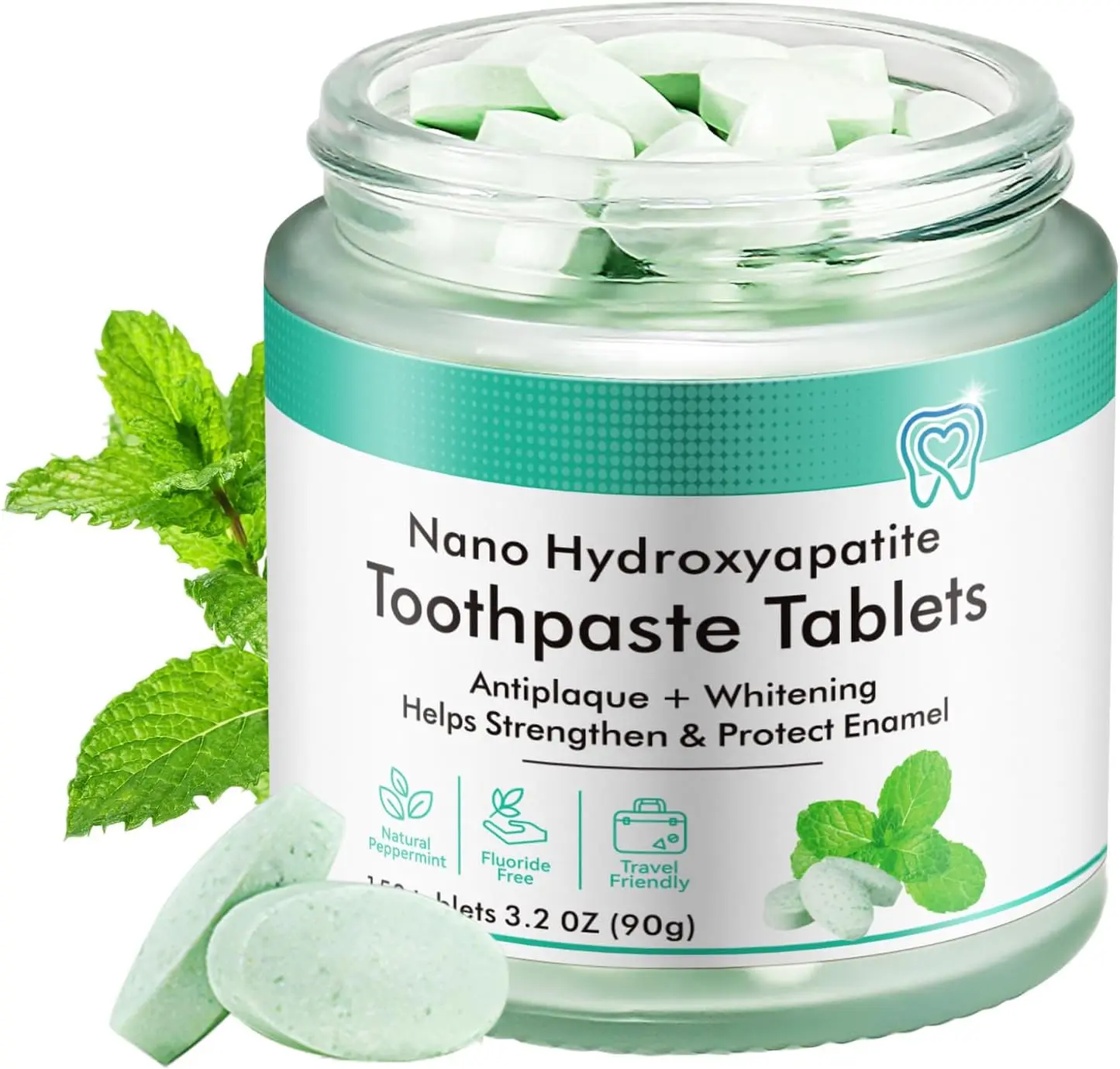 Natural Peppermint Fluoride-Free Chewable Toothpaste Tablets, Travel-Friendly Oral Care for Fresh Breath, 150 Count