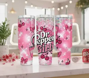 Dr Pepper Girl Pink Glitter Tumbler With Handle Straw 40oz Stainless Steel, Funny Soft Drink Fan Gift For Women Girls, Dr.Pepper Lovers Mug Gift Handcrafted Soda
