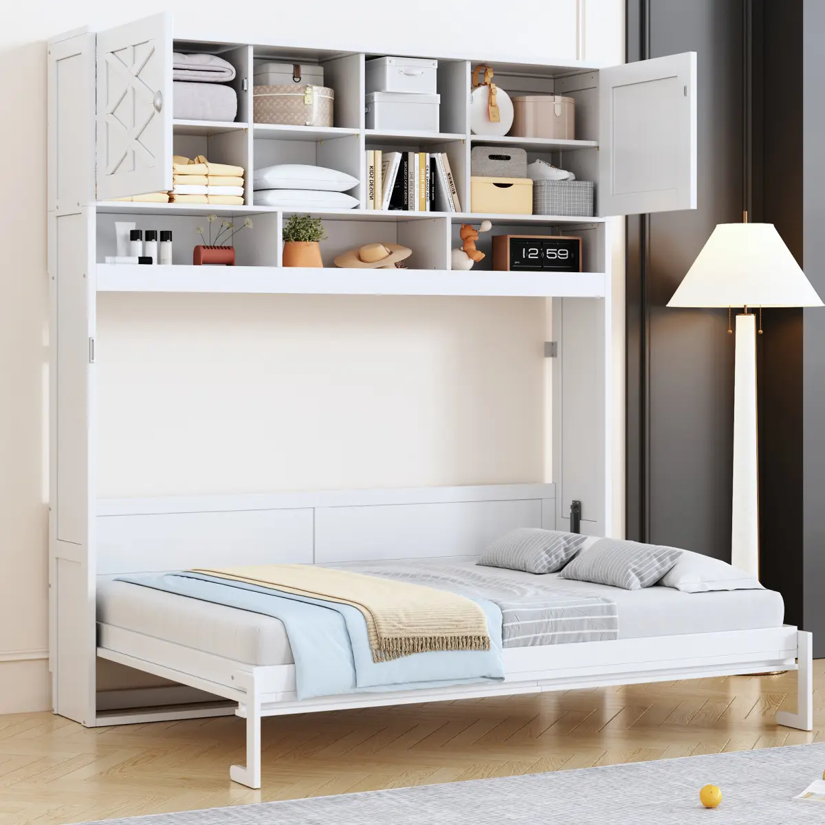Queen Size Wall Murphy Bed with Ample Storage Space and Diamond Stripes, White