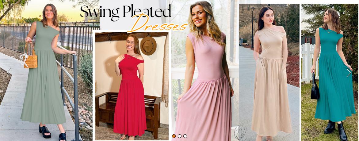 ZESICA Women's Summer 2025 Sleeveless Maxi Dress One Shoulder Casual Slim Swing Pleated Formal Dresses with Pockets