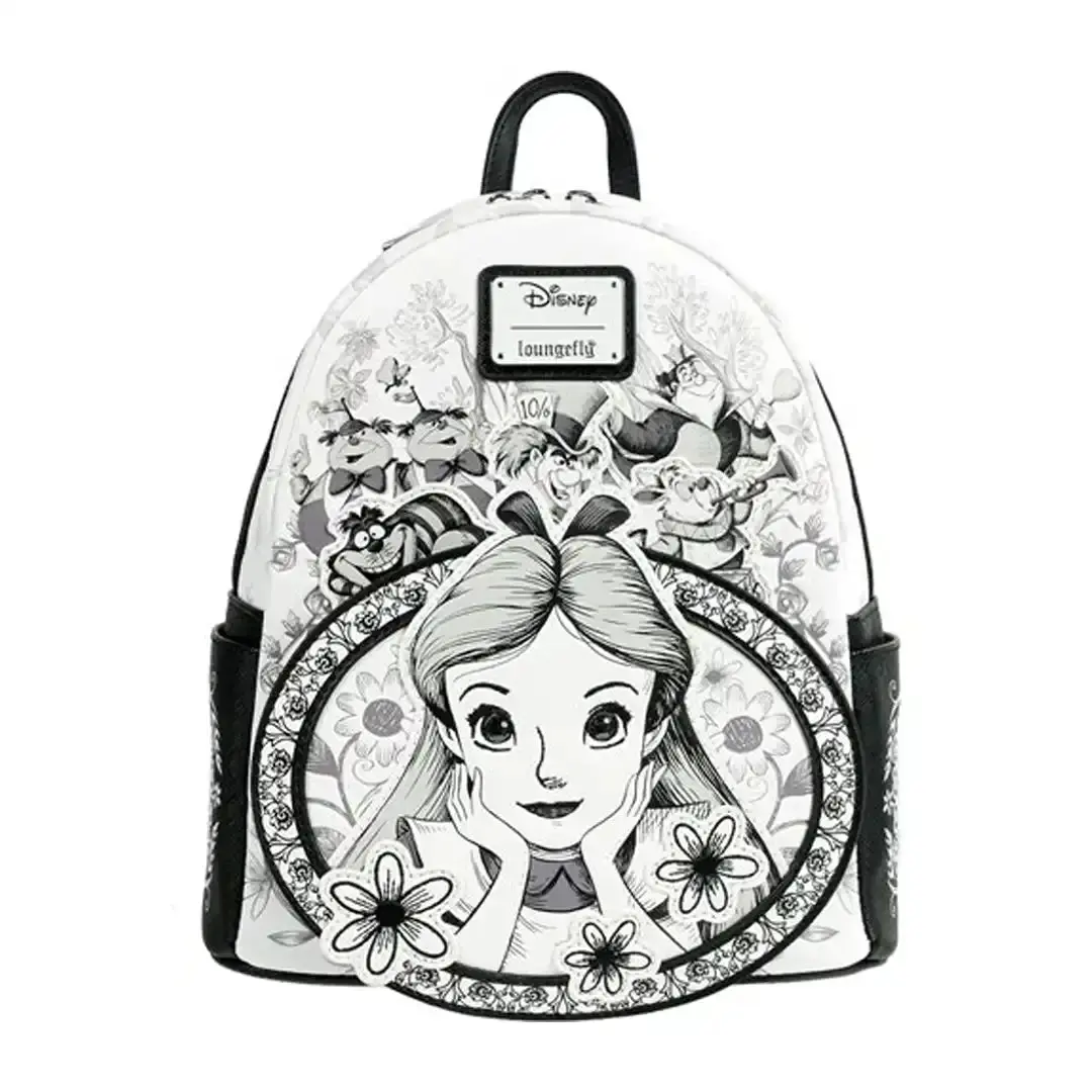 Loungefly Disney Alice in Wonderland Sketch Mini Backpack - 9in W x 10.5in H x 5.5in D, Adjustable Strap, Debossed & Embroidery Details, Entertainment Earth EX, Graphic, Side Drop Pockets, Unisex, Whimsical Charm, Zip, Faux Leather, Casual Everyday Bags,,