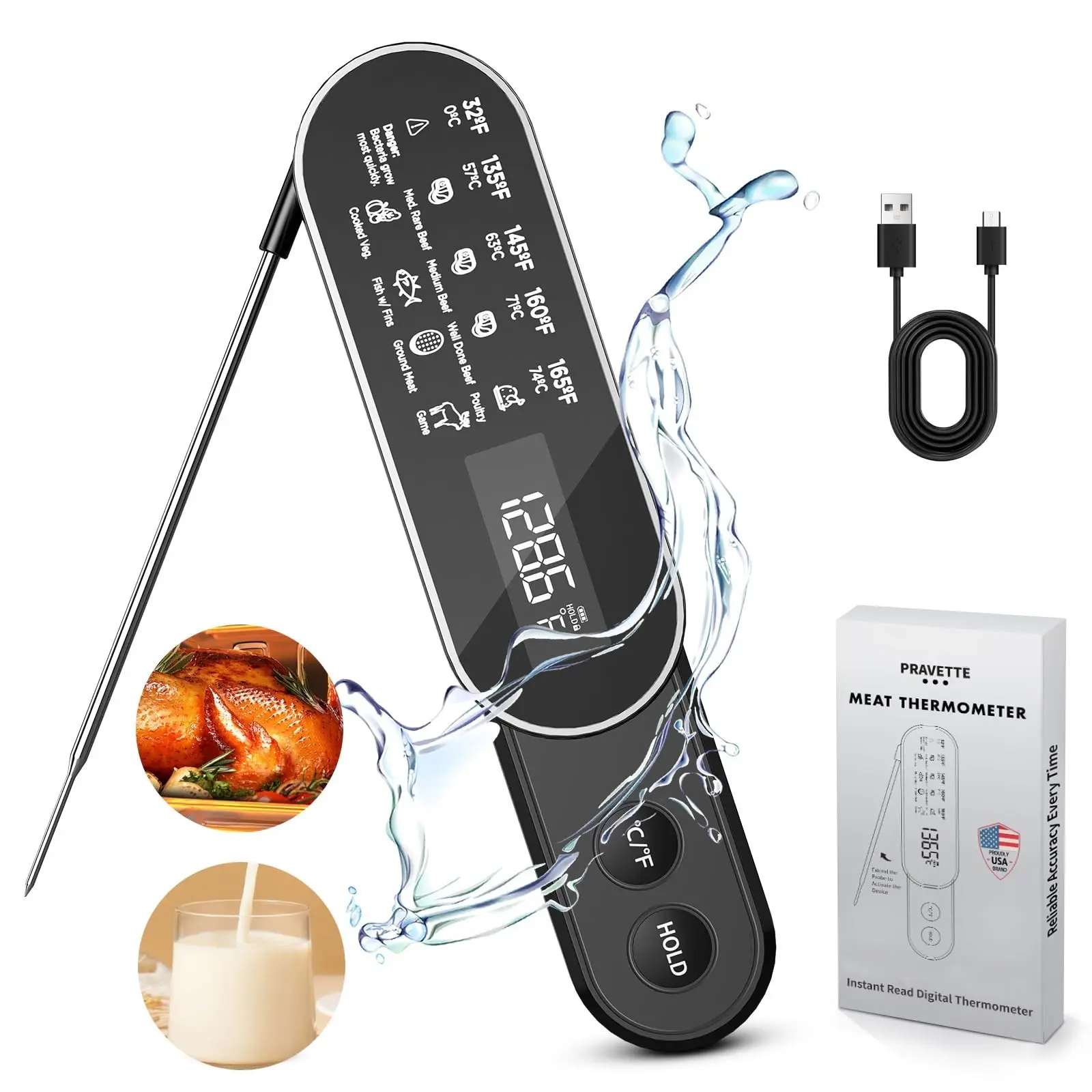Wireless Food Temperature Thermometer Digital BBQ Meat Kitchen Thermometer Instant Read Ip67 Waterproof Rechargeable for Baking Milk Water Digital Cooking Thermometer Kitchen Gadgets