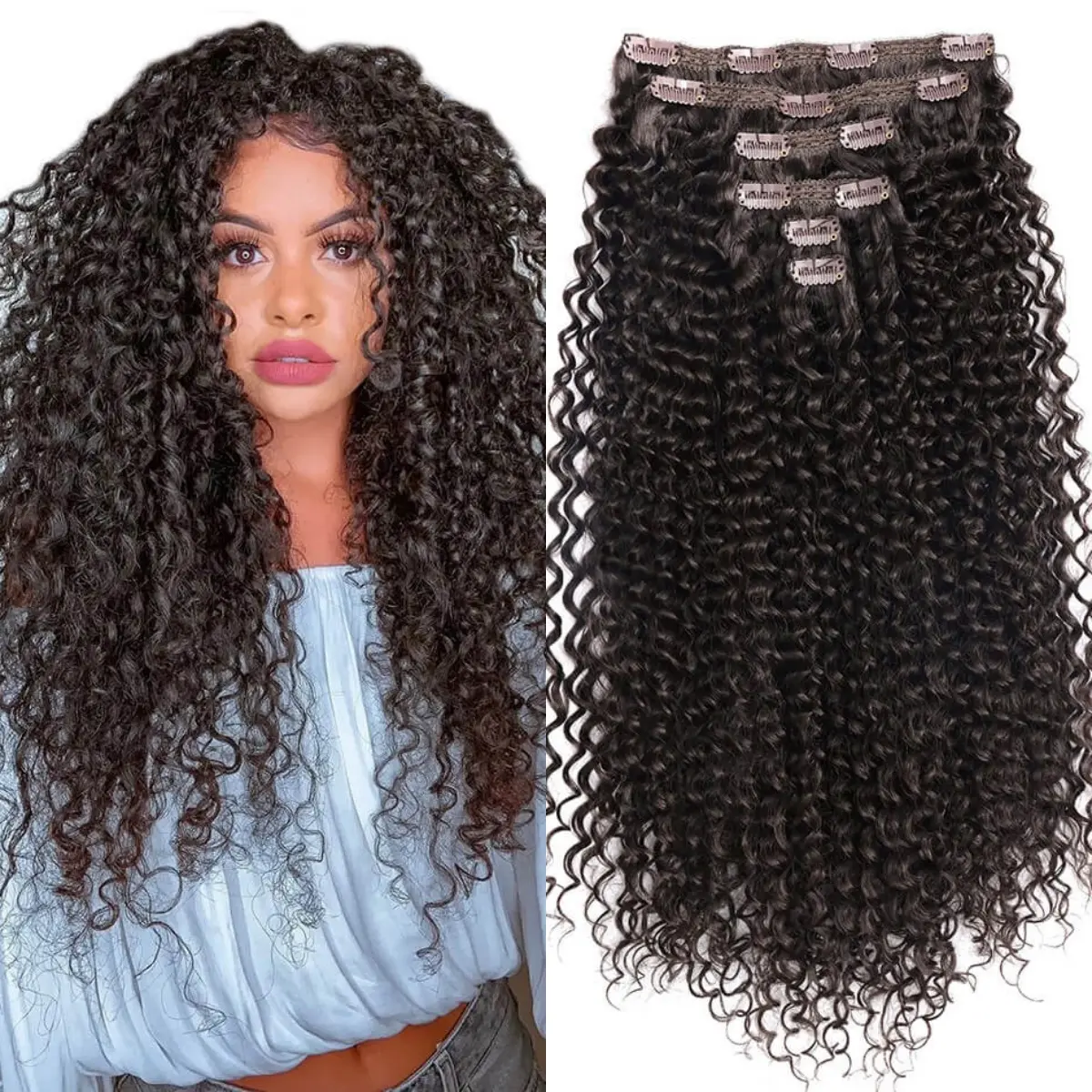 Black Women's 26-Inch Kinky Curly Synthetic Clip-In Hair Extensions, 2# Lace Weft Hairpieces with High Quality Metal Clips, Well Sewn into Each Weft, Hair Care, Clean, Valentine's Day, Clip Hair Extensions
