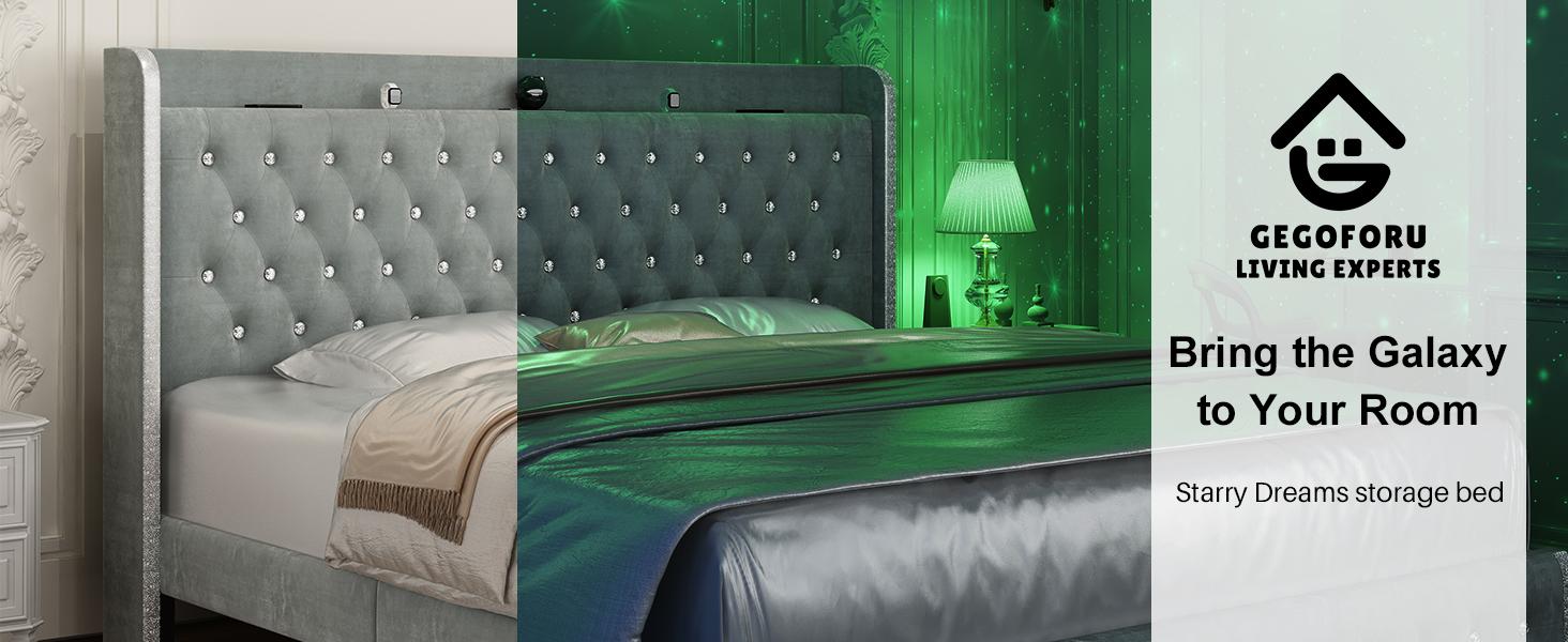 Queen LED Bed Frame Galaxy Projector  White Noise Bluetooth Music speaker,  , 46“ Tall Headboard with USB Charging ,  No Box Spring Required and No Mattress Included，Upholstered Bed with Wood Slat Support, Velvet