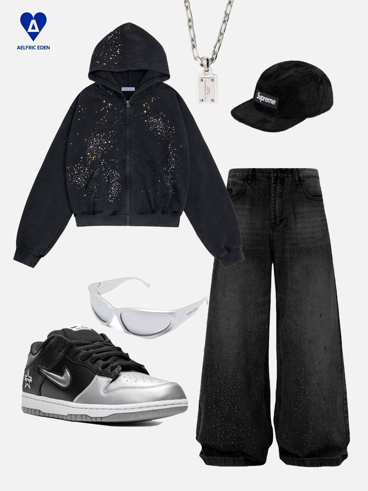 Aelfric Eden Hotfix Rhinestone Star Zip Up Hoodie Vintage Washed Hoodies Streetwear Hooded Sweatshirts Jackets Unisex zip up hoodie