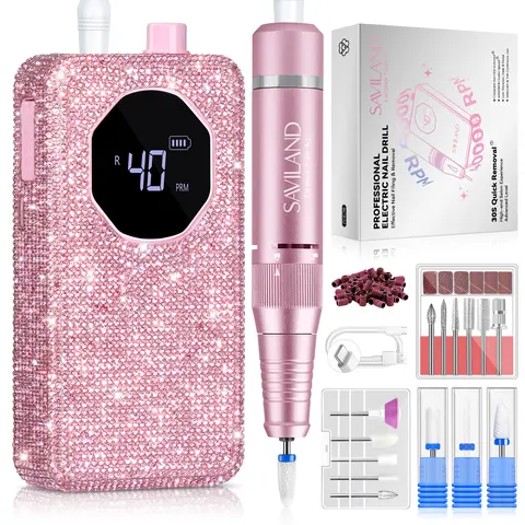 SAVILAND 40000RPM Professional Nail Drill: Rechargeable Portable Electric Nail File Kit with 4000mAh Battery, Ceramic Drill Bits & Sanding Bands for Thick Acrylic Nails, Nail Tech Salon Use summervibes