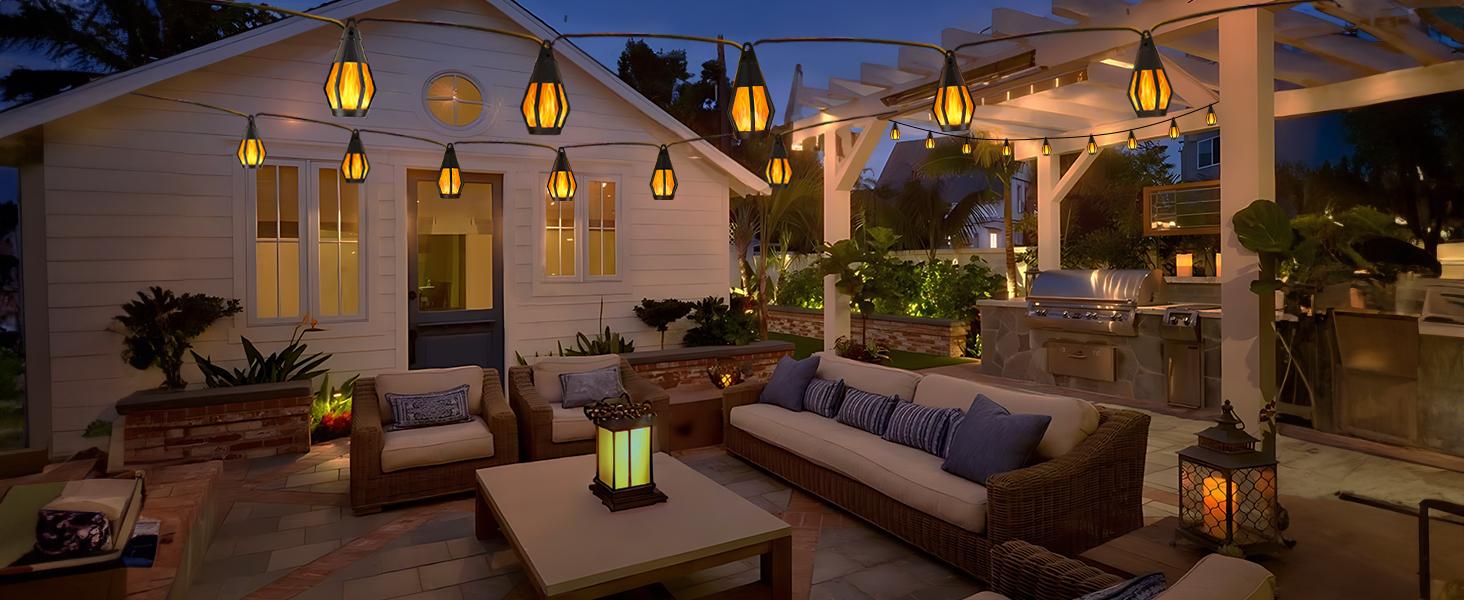 Christmas or Holloween Deco Solar Lights Outdoor, 22Ft-10 Flickering Flame Bulbs Waterproof, Warm White Solar Powered Fairy Lights for Garden Patio Yard, Commercial & Party Decor (Bistro/Cafe/Gazebo)