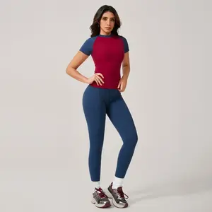Timeoff Women'S Raglan Sleeve Color - Block Fitted Top & High - Waist Leggings Set for Stretchy Breathable Athletic Outfit for Yoga, Gym Workouts, Pilates and Casual Wear Sports Slim-Fitting Sporty