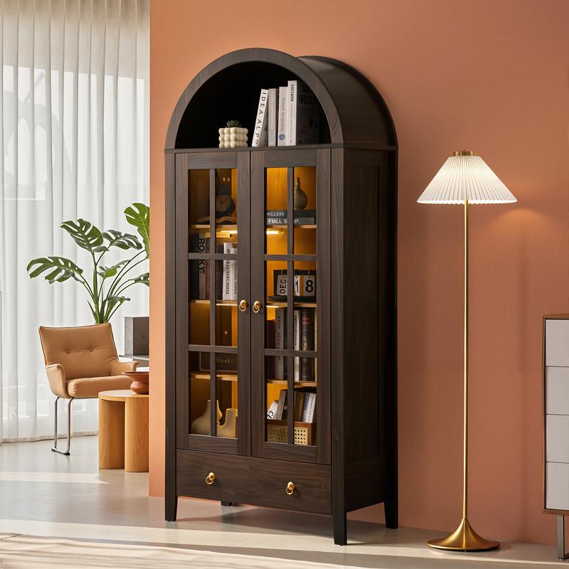 【Jumpstart Sale】71" Tall Arched Kitchen Pantry with Magnetic LED Lights, Modern Farmhouse Wood Kitchens Storage Cabinets with Large Drawers and Glass Door, Versatile Cupboard for Kitchen, Dining Room, Bathroom, Livingroom