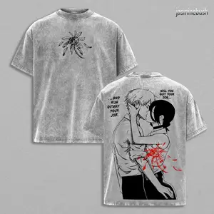Denji vs Reze Chainsaw Man Tee Washed – The Movie Reze Arc Vintage Oversized Heavy Cotton Anime Manga T-Shirt, Double Printed Retro Unisex Streetwear Graphic Top Gift for Otaku Fans, by the Tragic Love Story Between a Devil Hunter and the Bomb Girl