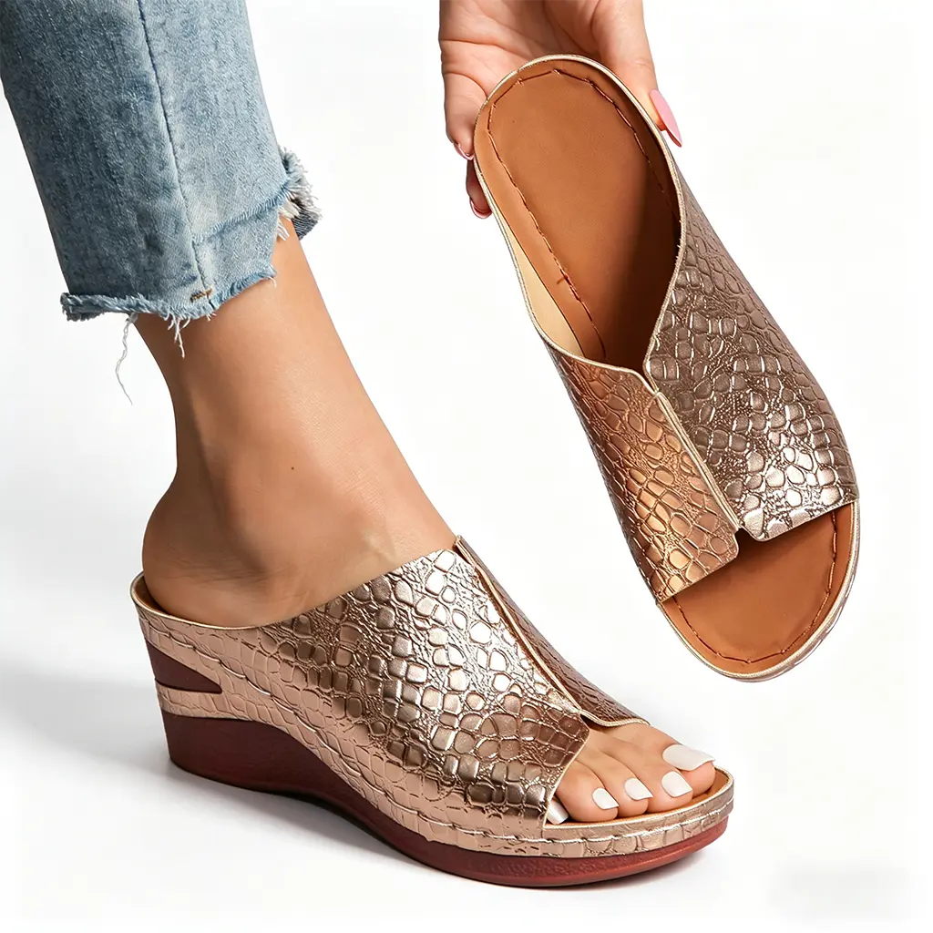 Women's Leather Metallic Animal Print Open-Toe Slip-On Wedge Heel Sandals - Cushioned Platform Mules with Arch Support, Non-Slip Casual Summer Shoes for Women, Statement Footwear