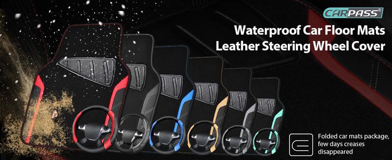 CAR PASS 5pcs Leather Steering Wheel Cover and Waterproof Car Floor Mats,fit for 95% Sedan,SUV,Cars,14.5-15inch Sporty Anti-Slip Safety Comfortable
