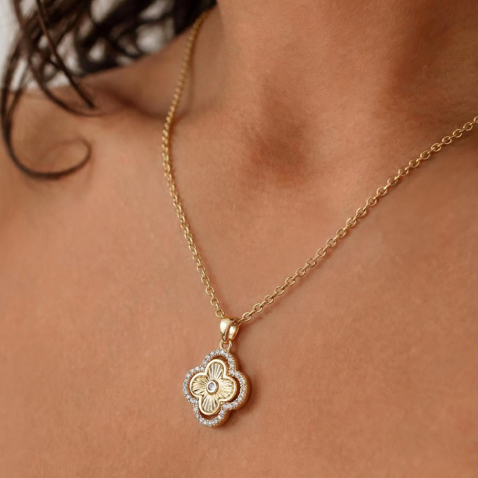 Turandoss Lucky 4-leaf Clover Necklace — CZ Sparkle, 14K Gold Plated, Valentine’s Gift for Women SpringStatements Turandoss Lucky 4-leaf Clover Necklace — CZ Sparkle, 14K Gold Plated, Valentine’s Gift for Women SpringStatements