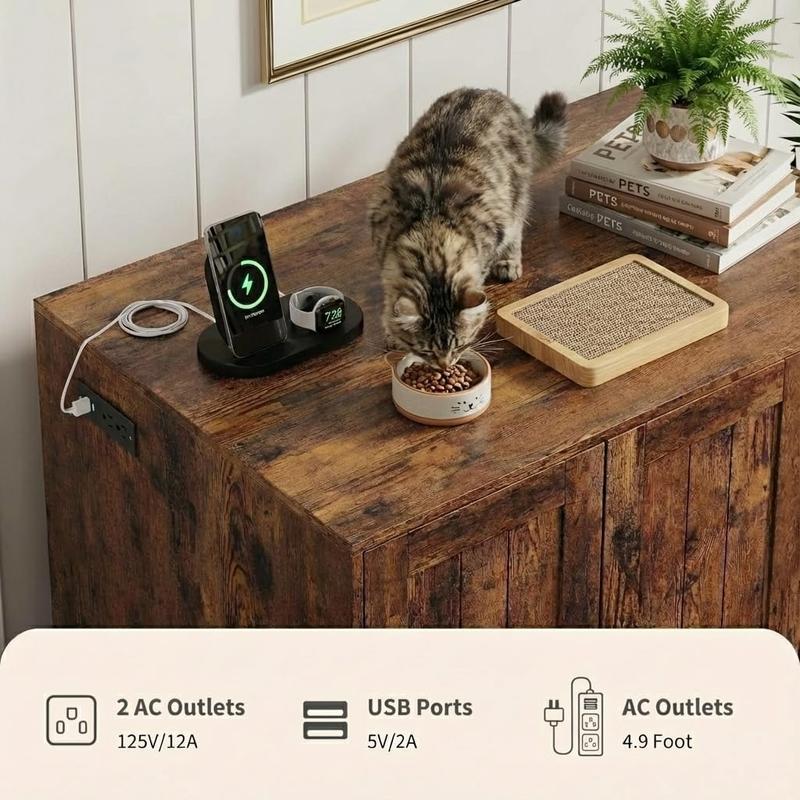 Large Robot Enclosure Cabinet, Cat Litter Box Furniture with Built-in Power Outlet, Dog-Proof Storage Shelf, Non-Slip Mat, 5 Ft Cord, Fits Automatic Self-Cleaning Litter Boxes, Easy Assembly, Brown