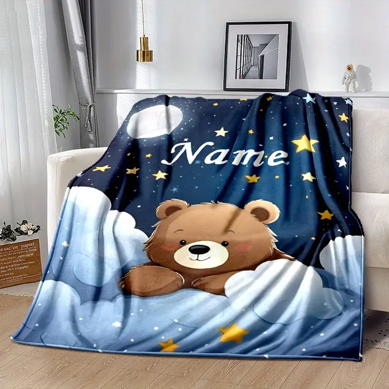Personalized Bear Chunky Knit Blanket - Custom Name Polyester Lightweight All-Seasons, Machine Washable for Sofa, Travel - Customized Home & Festive Occasion Gifts