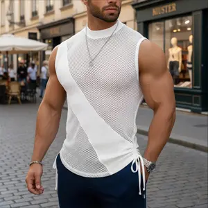 INCERUN Men's Summer [Sporty/Clubwear] [Tank Top/Vest] Mesh Patchwork Diagonal Panel Drawstring Ruched Muscle Fit