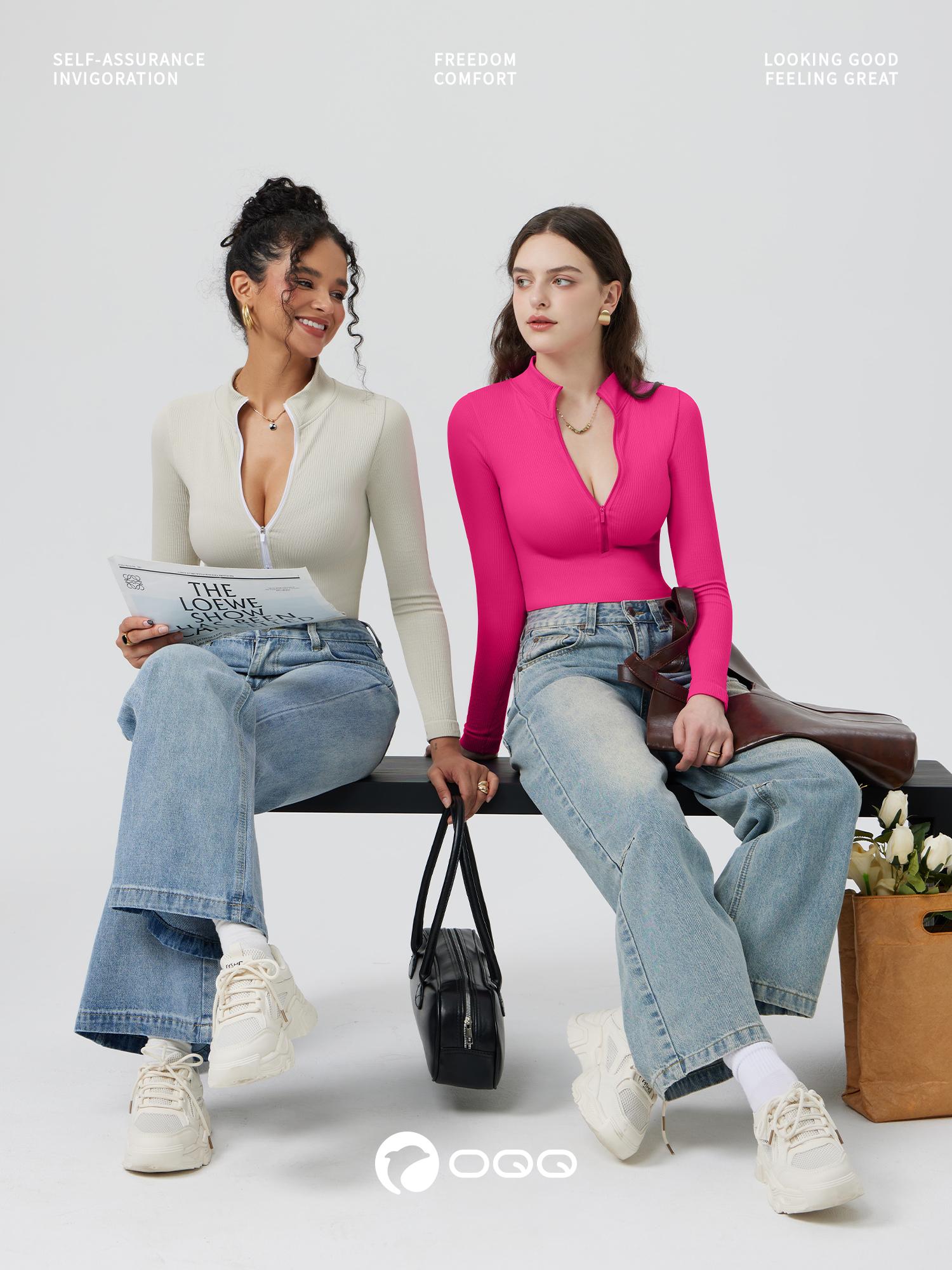 OQQ Women's 2 Piece Bodysuits Sexy Ribbed One Piece Zip Front Long Sleeve Tops Bodysuits SpringStatements