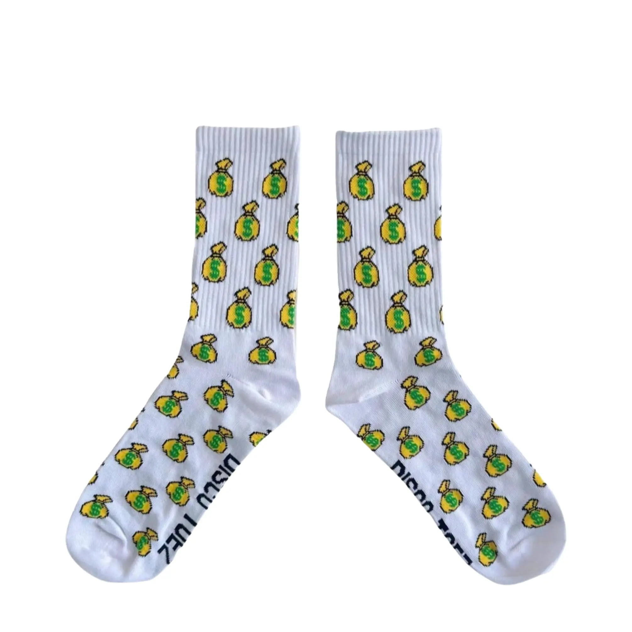 Money Bag Socks - White with Green Dollar Sign Pattern - Comfortable and Stylish - Disco Toez