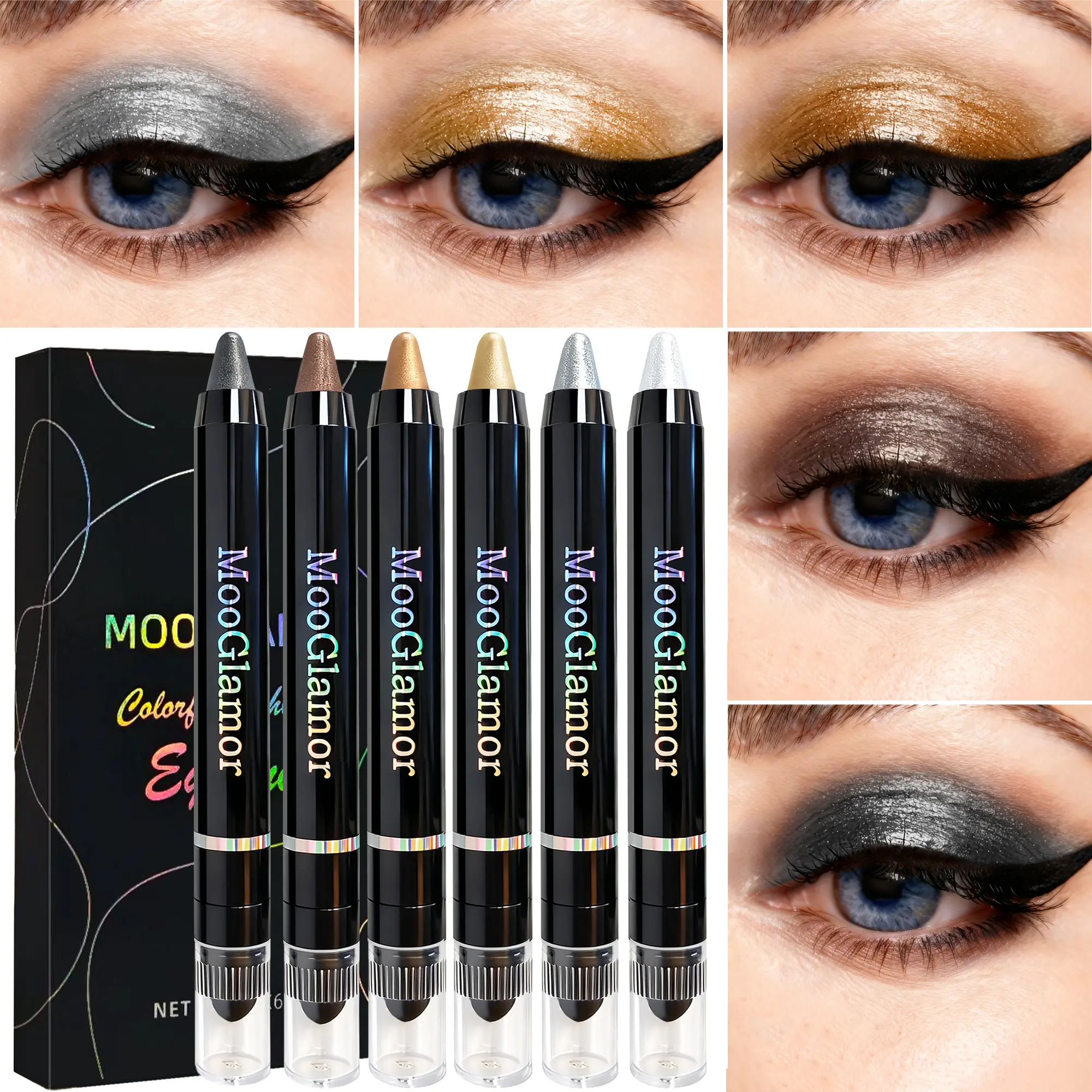 6Pcs MooGlamor Eyeshadow Pencil Smudgeproof Waterproof Cream Silkworm Stick Long Lasting Matte Finish Portable Buildable Eye Makeup Pens Daily SummerVibes Cosmetic