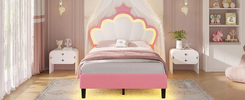 SIKAIC Girls Twin Bed Frame with Princess Crown LED Velvet Upholstered Platform Pink Adjustable Cloud Headboard Bedroom Bedframe