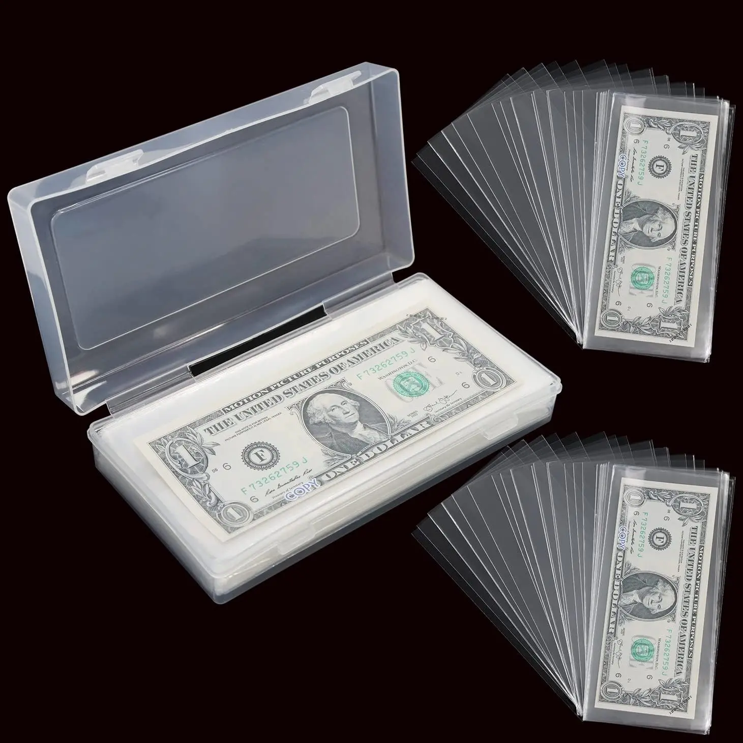 200-Piece Rigid PVC Currency Sleeves - 6.8x3.18in Crystal-Clear Holders for Money, Organizing Banknotes and Stamps, with Toploader Storage Box for Collectors (Domestic & Foreign Currency Compatible)