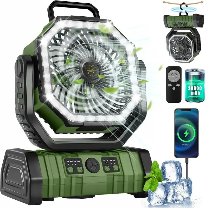 30000mAh Rechargeable Camping Fan with LED Light & Remote Control, Auto-Oscillating 4-Speed USB Desk Fan, Timer Magnetic Hook, Battery Powered Outdoor Fan for Tent, Travel, Beach, Fishing, Mobile & Office, Power Bank, Gift for Outdoor Activities