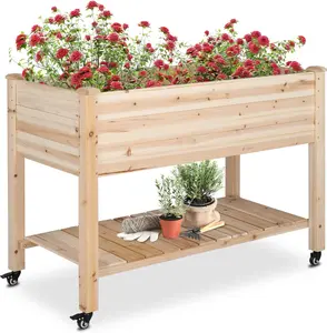 VINGLI Heavy Duty Raised Garden Bed with Bed Liner, Wood Elevated Planter with Legs for Vegetables Fruits Potato Onion Flower, Outdoor Sturdy Long Lasting Planter Box Kit (Elevated with Wheels)