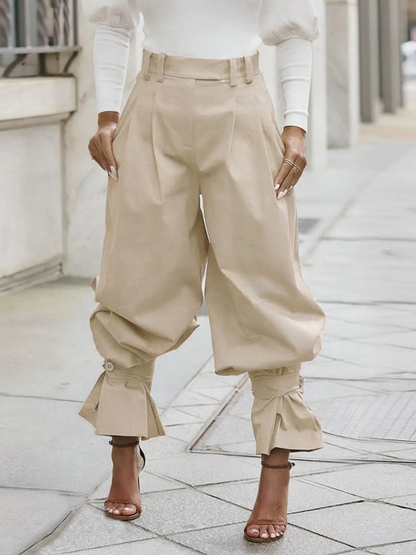 Fashion High-Waisted Pleated Lantern Pants for Women, Casual Fashion Elegant Loose-Fit Wide Leg Pants with Ruffle Hem, Aethleisure Style Bottoms, Bottoms
