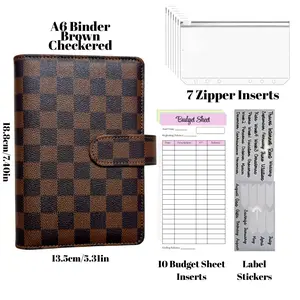 A6 Brown Black White Checkered Budget Binder Savings Cash Leather Wallet Planner Organizer With Zipper Envelopes & Budget Sheets