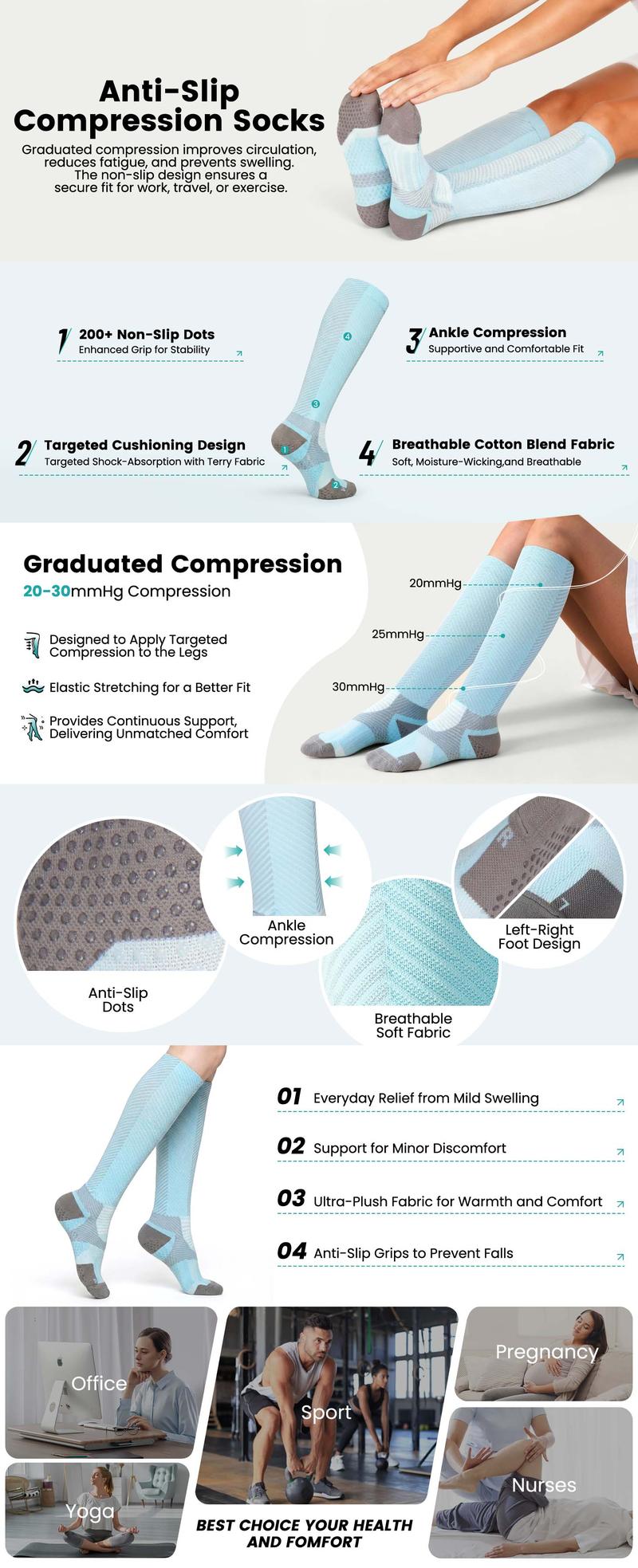 ISUNIE 20–30 mmHg Non-Slip Grip Sports Socks, Knee-High Support for Women & Men, Soft & Breathable, Ideal for Yoga & Workouts