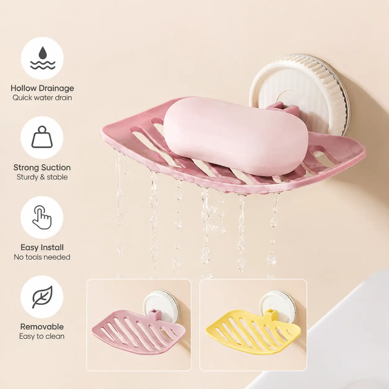 1 Count Wall Mounted Suction Soap Dish, Slotted Draining Holes, Rounded Edges, for Bathroom Sink and Shower Wall Storage