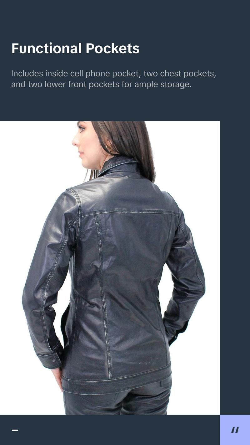 JAMIN LEATHER® Vintage Black Women's Long Leather Jean Jacket #LA2010LZK - Premium Soft Buffalo Leather, Dual Concealed Pockets, Snap Front, Minimalist Design, Available in Sizes S-5X